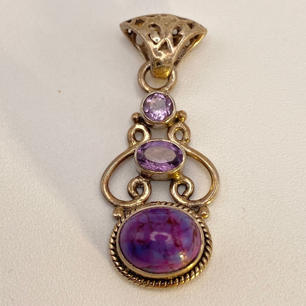 Vintage Pendant Sterling Silver Art Nouveau Purple Amethyst Turquoise OS